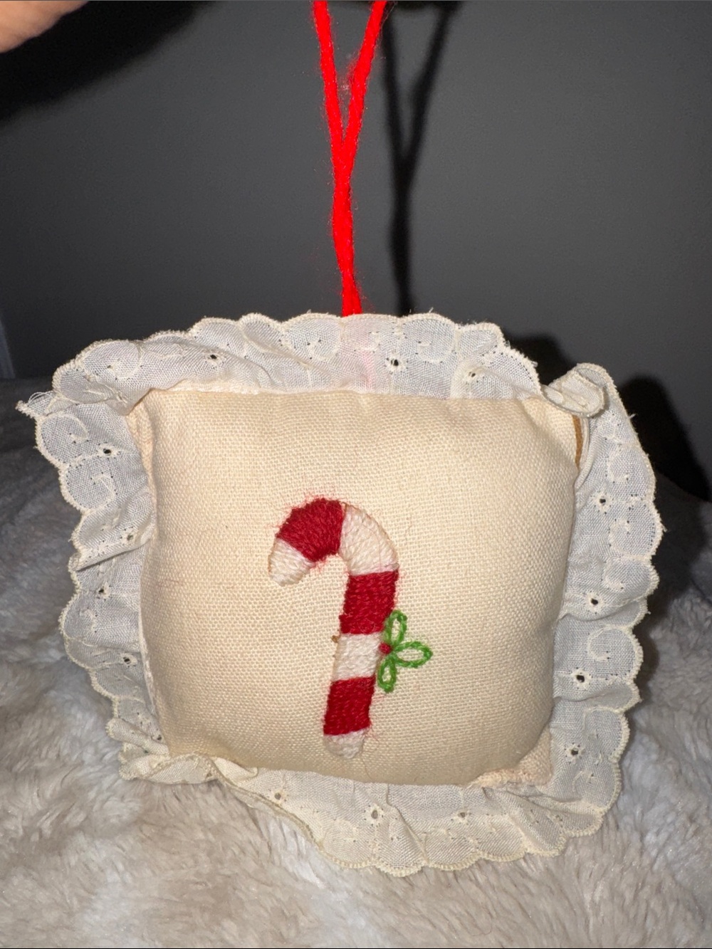 Vintage Handmade Cream Candy Cane Holiday Ornament